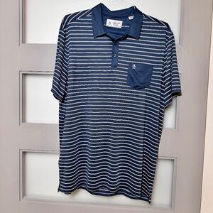 Original Penguin Polo Golf Shirt Men XL Tall Navy Blue Light Pink Stripe Pocket